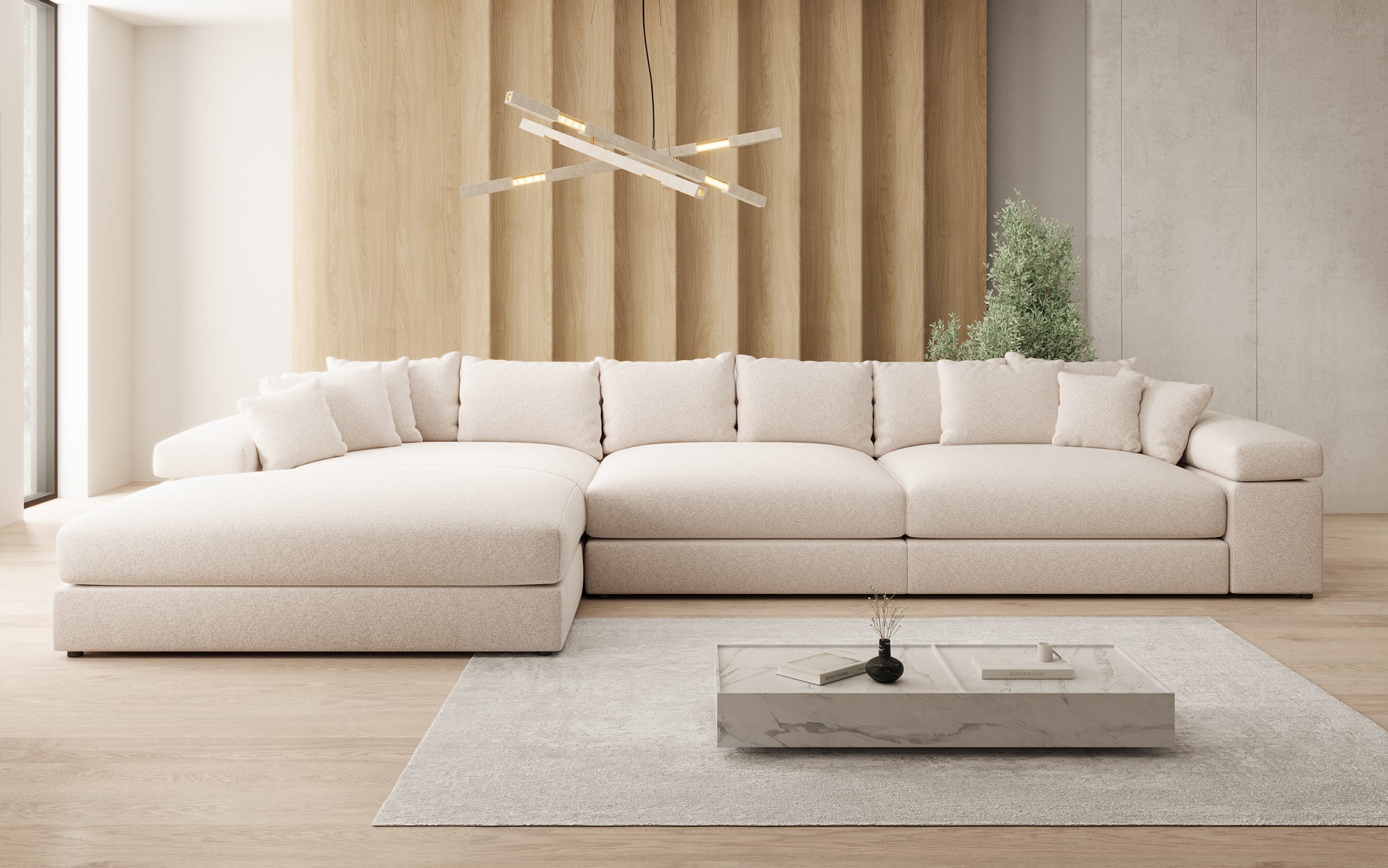 Designer sofa Bernardo L Maxi with wide ottoman in textured fabric