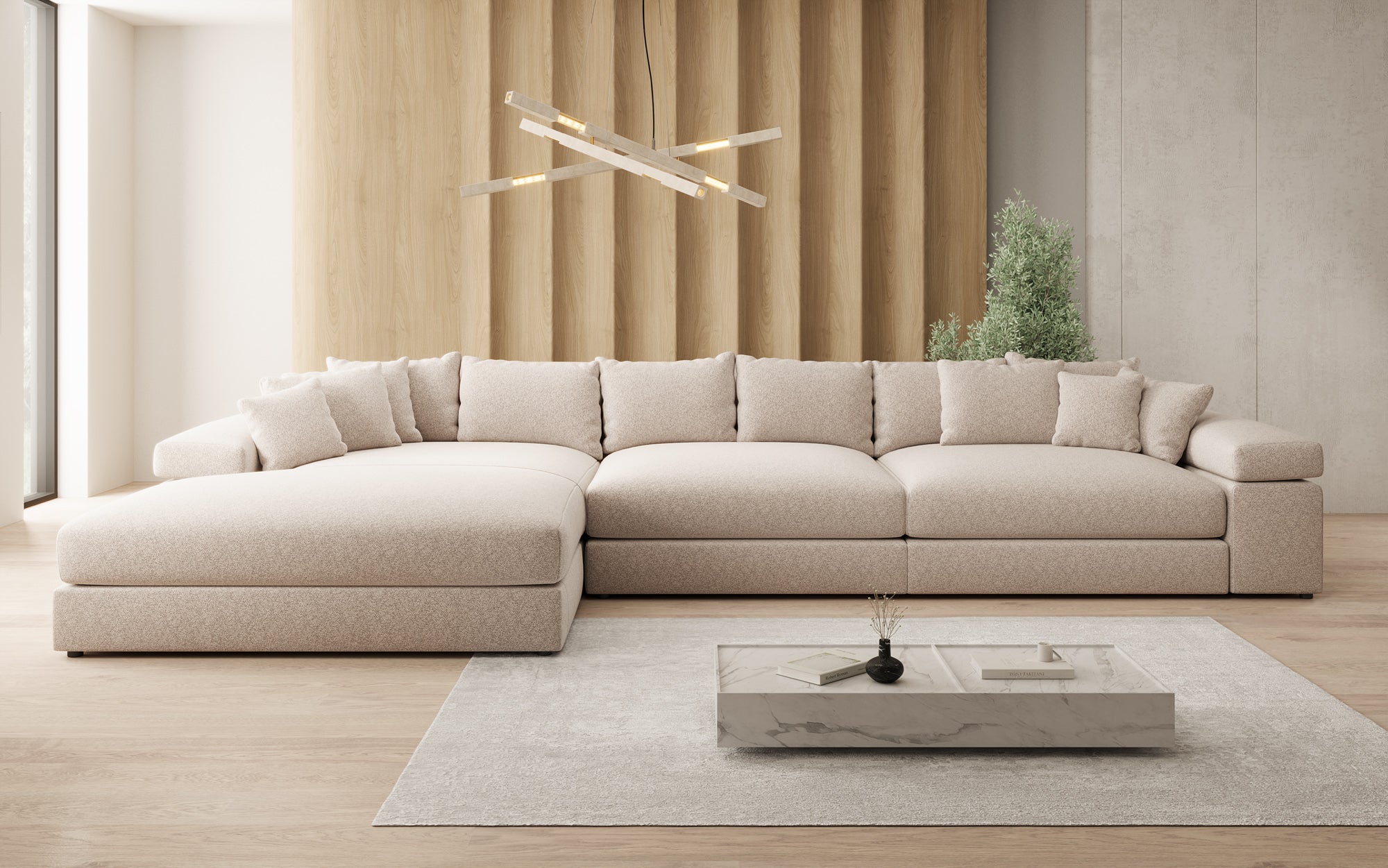 Designer sofa Bernardo L Maxi with wide ottoman in textured fabric
