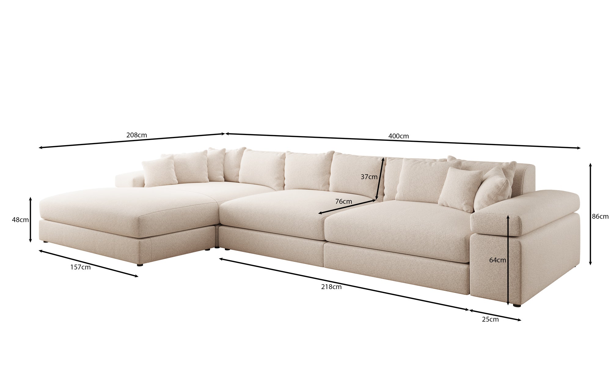 Designer sofa Bernardo L Maxi with wide ottoman in textured fabric