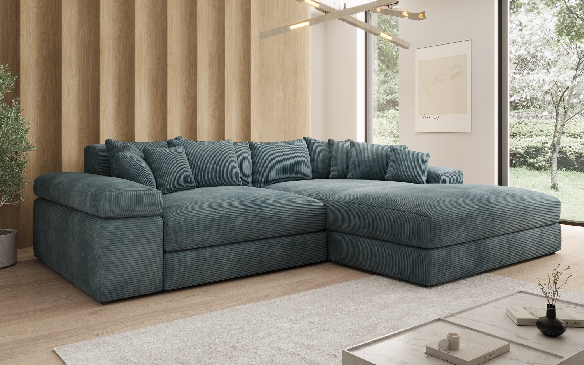 Designer Sofa Bernardo with wide Ottoman in Corduroy