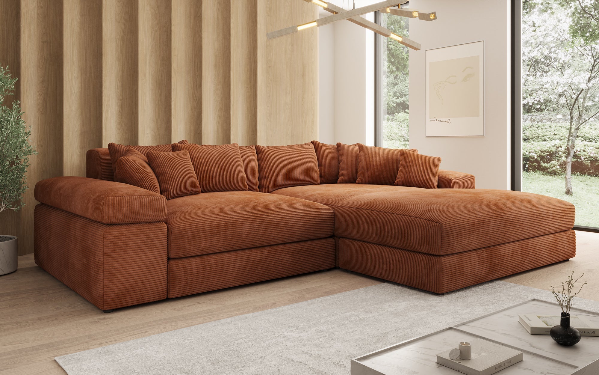 Designer Sofa Bernardo with wide Ottoman in Corduroy
