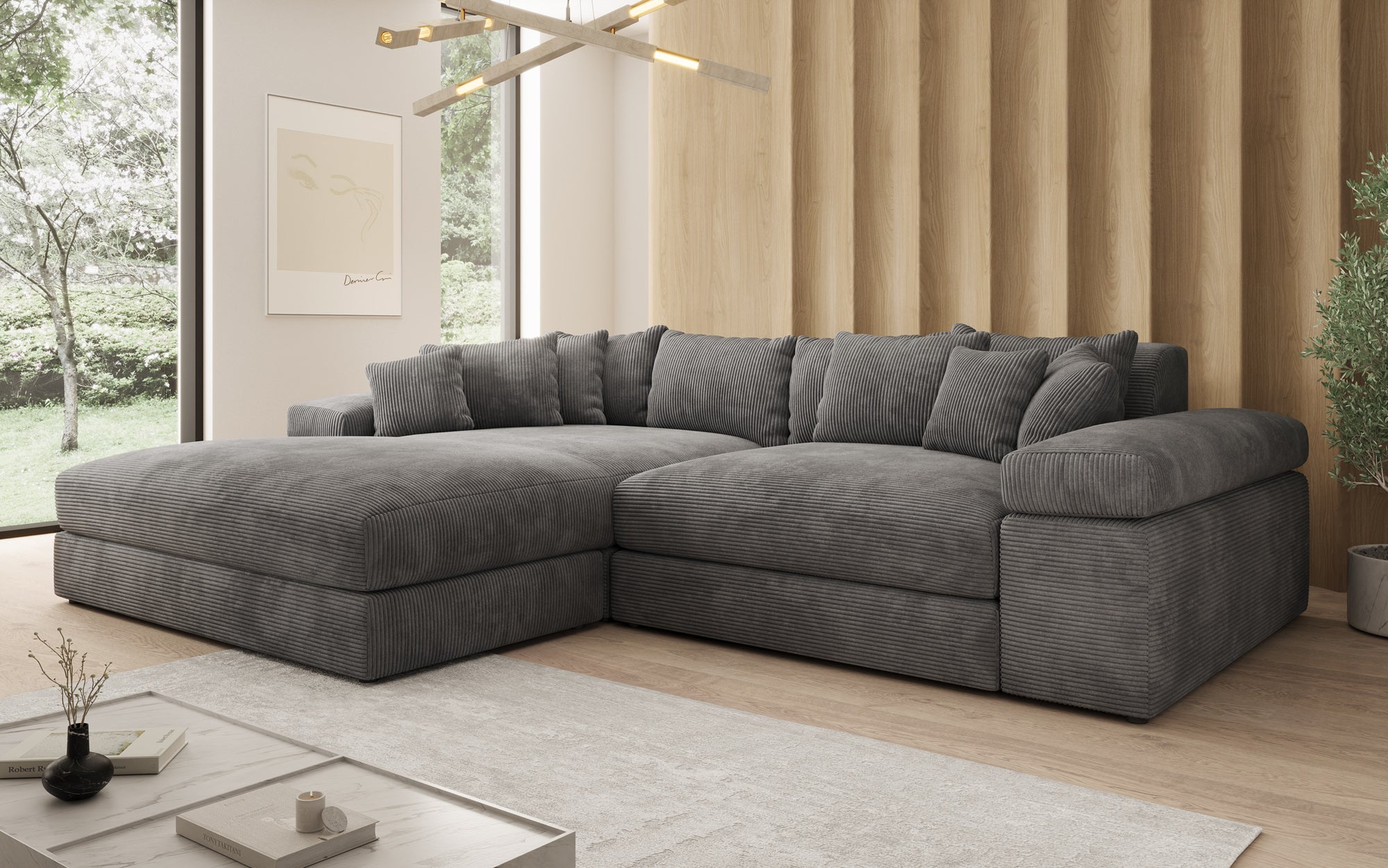 Designer Sofa Bernardo with wide Ottoman in Corduroy