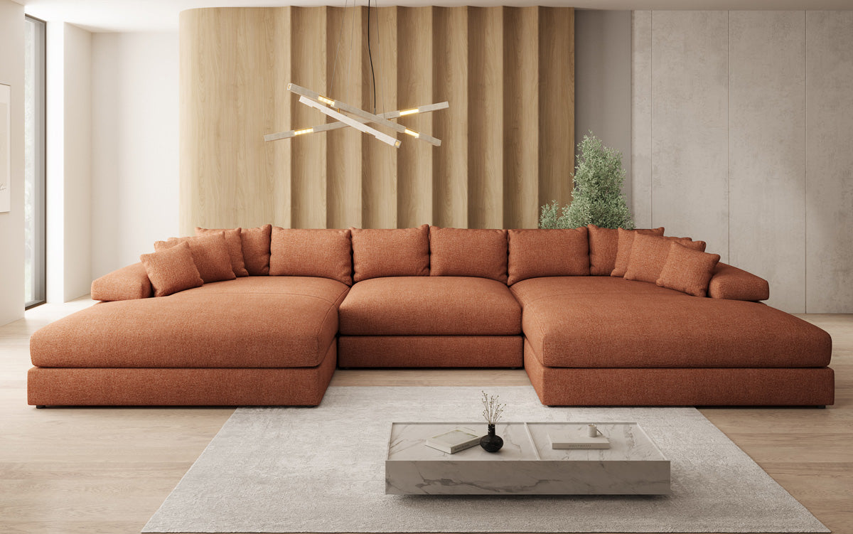 Designer Sofa Bernardo U mit breiter Ottomane in Strukturstoff