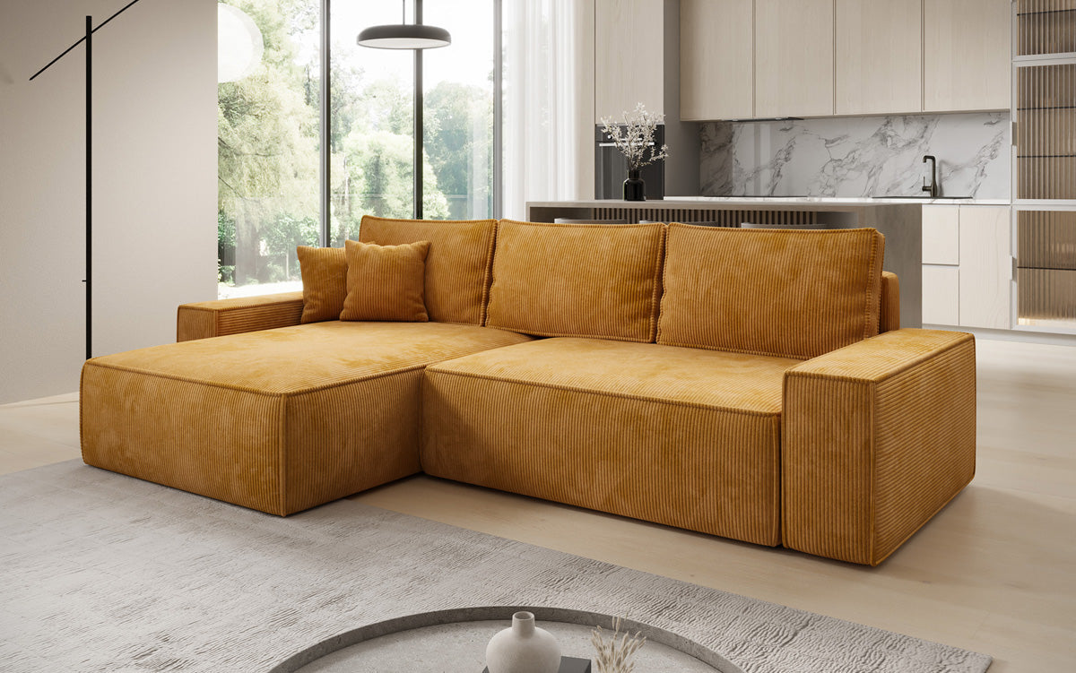 Designer Ecksofa Lunaro mit Schlaf- und Klappfunktion in Cord