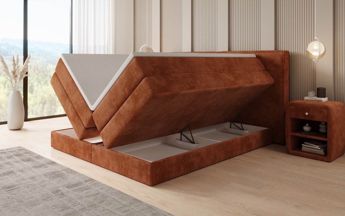 Box spring bed Ophelia with lift-up storage in Corduroy