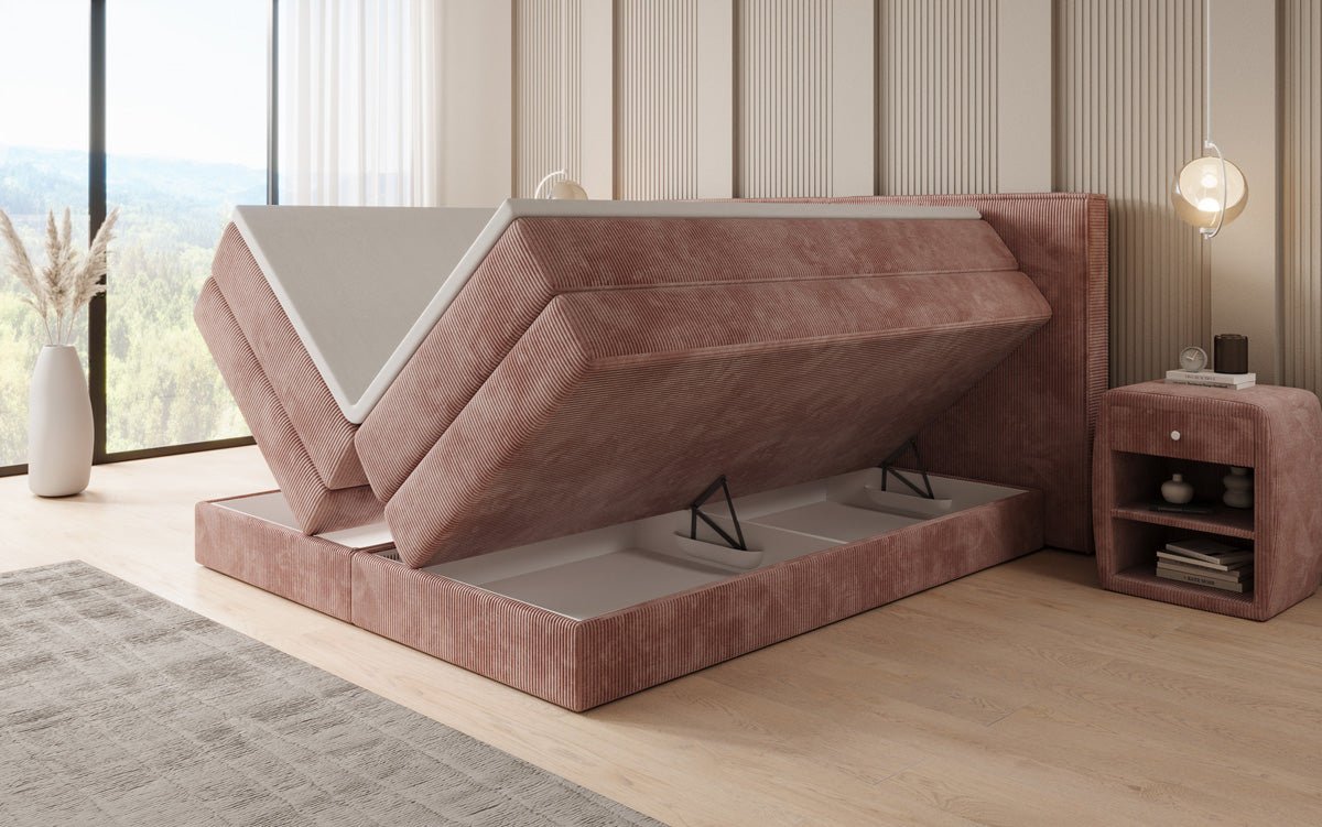 Box spring bed Ophelia with lift-up storage in Corduroy