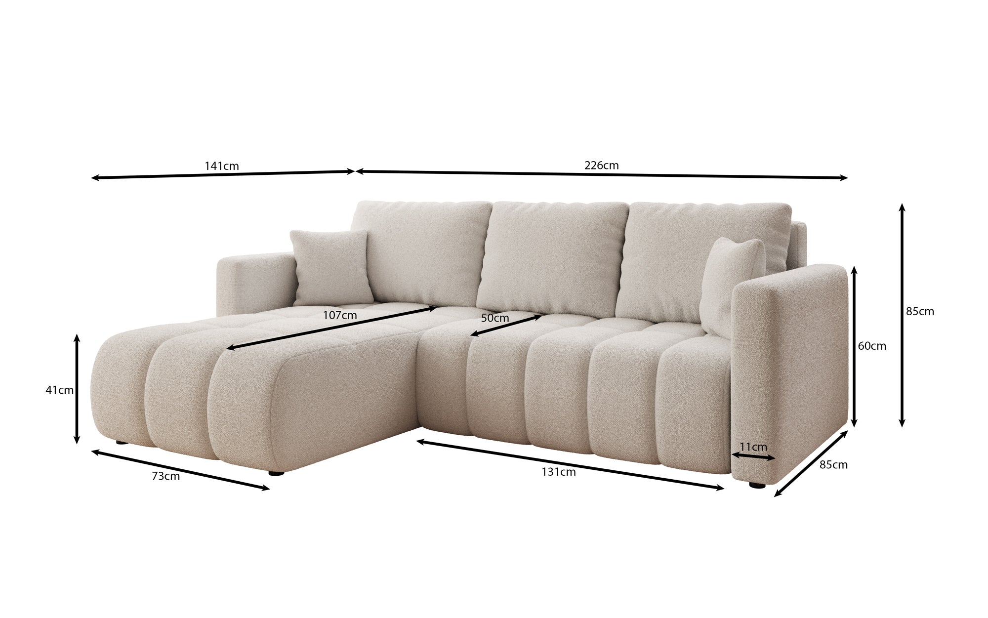 Canapé design Beatrice L avec fonction lit et rabattable en Bouclé