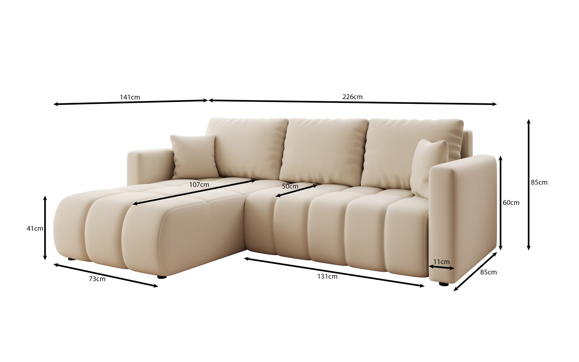 Designer sofa Beatrice L with sleeping and folding function in fabric
