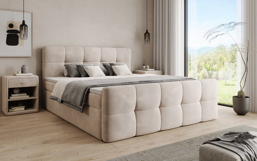 Cozy Velvet Boxspring Bed with Storage