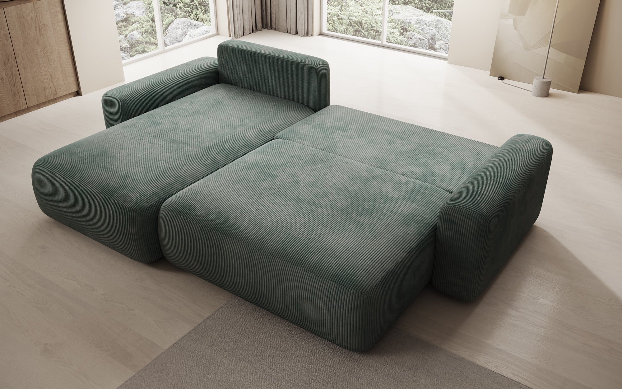 Designer Sofa Lola with sleeper and fold-out function in Corduroy