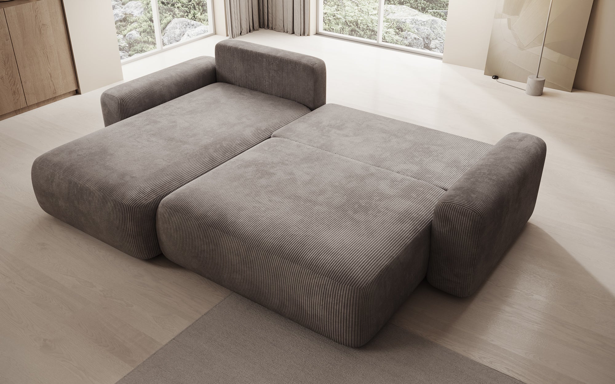 Designer Sofa Lola with sleeper and fold-out function in Corduroy