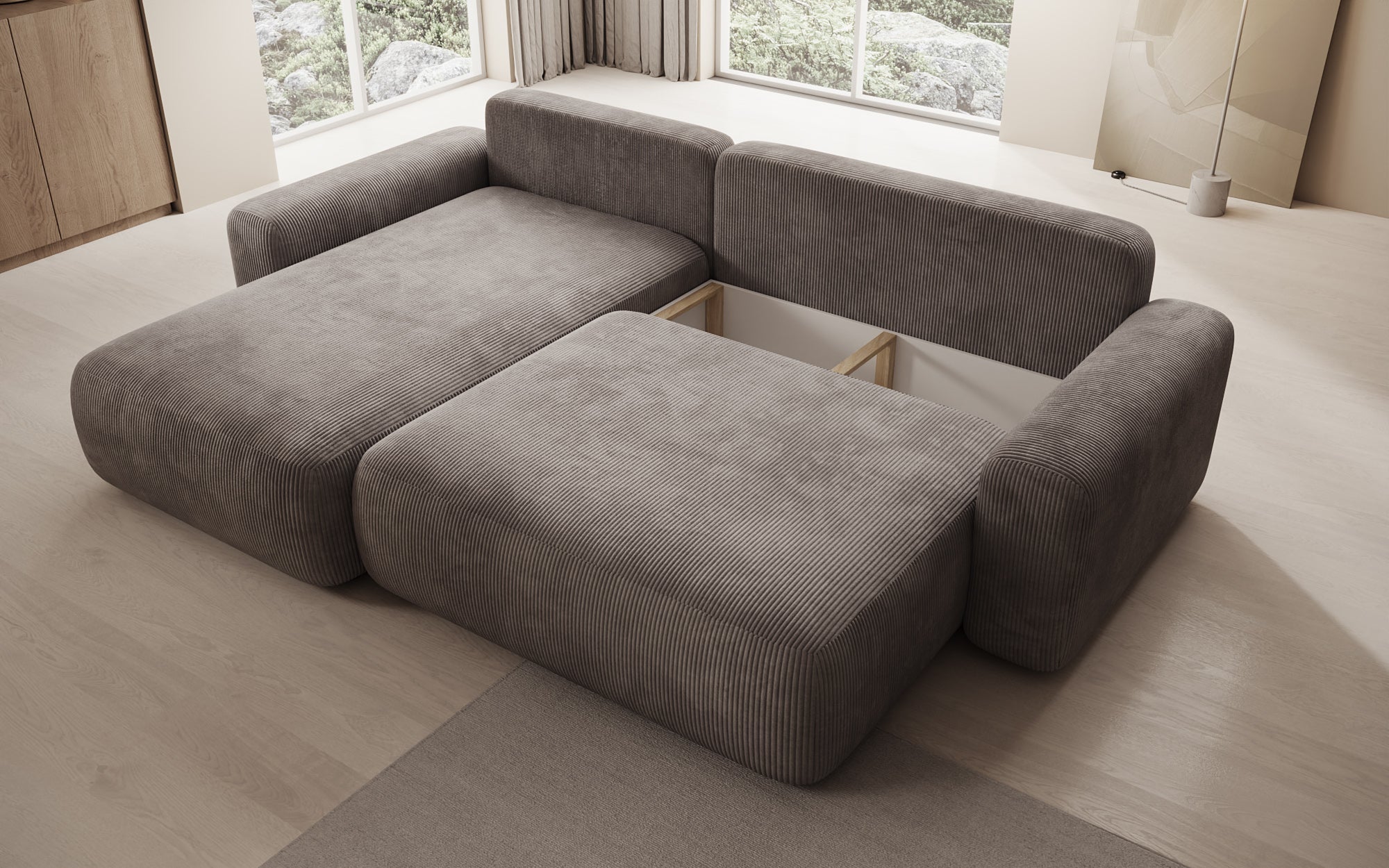 Designer Sofa Lola with sleeper and fold-out function in Corduroy