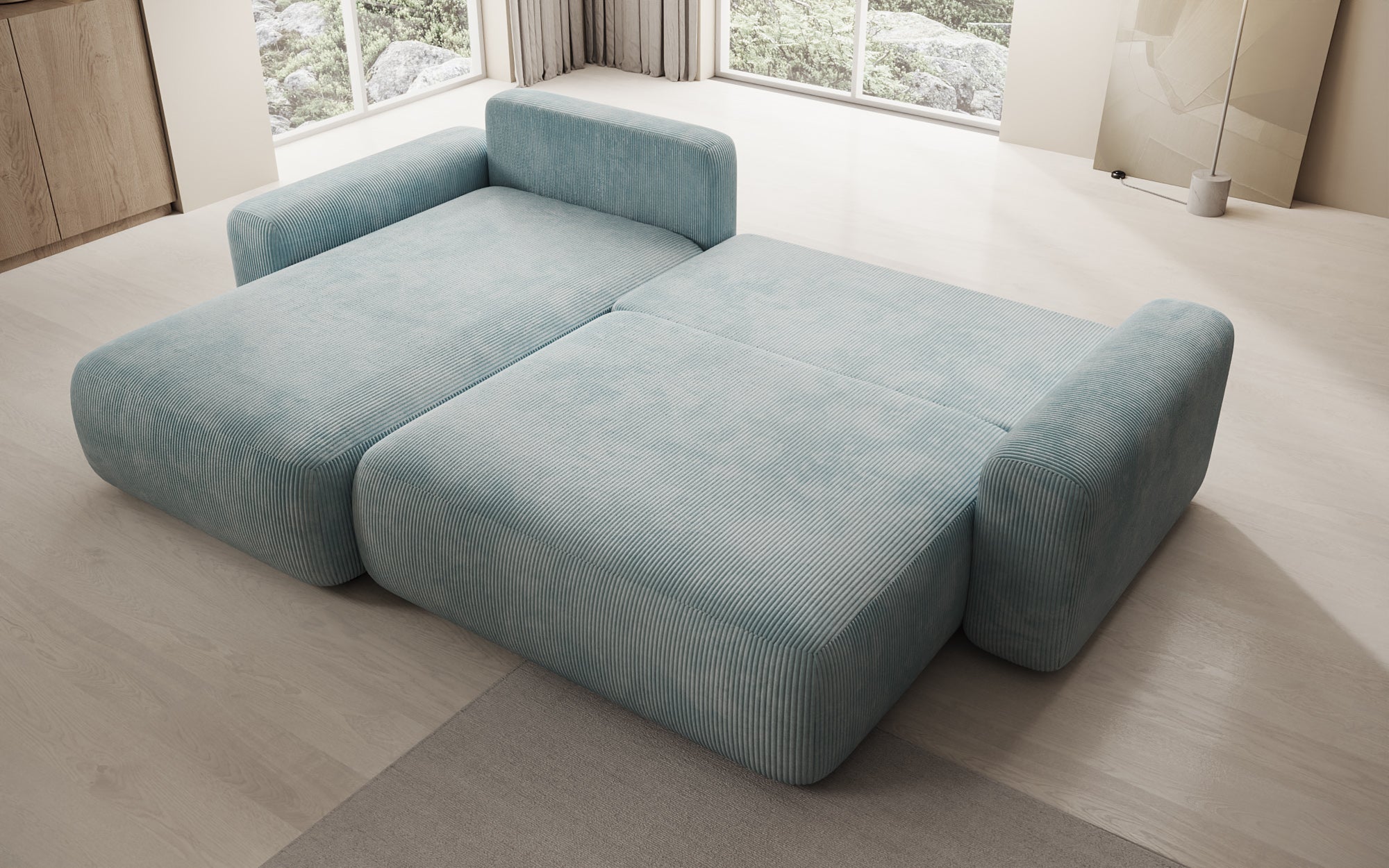 Designer Sofa Lola with sleeper and fold-out function in Corduroy