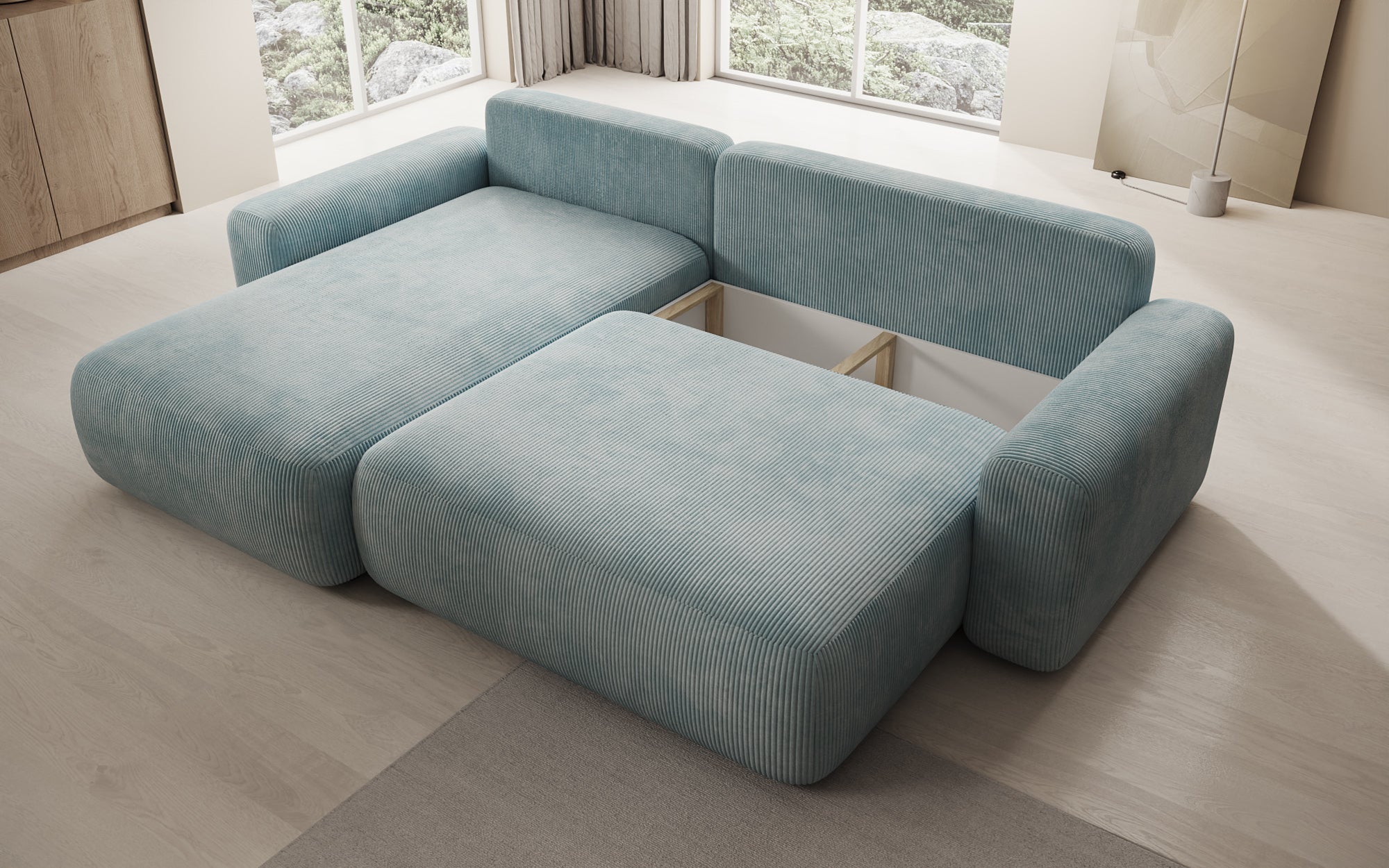 Designer Sofa Lola with sleeper and fold-out function in Corduroy
