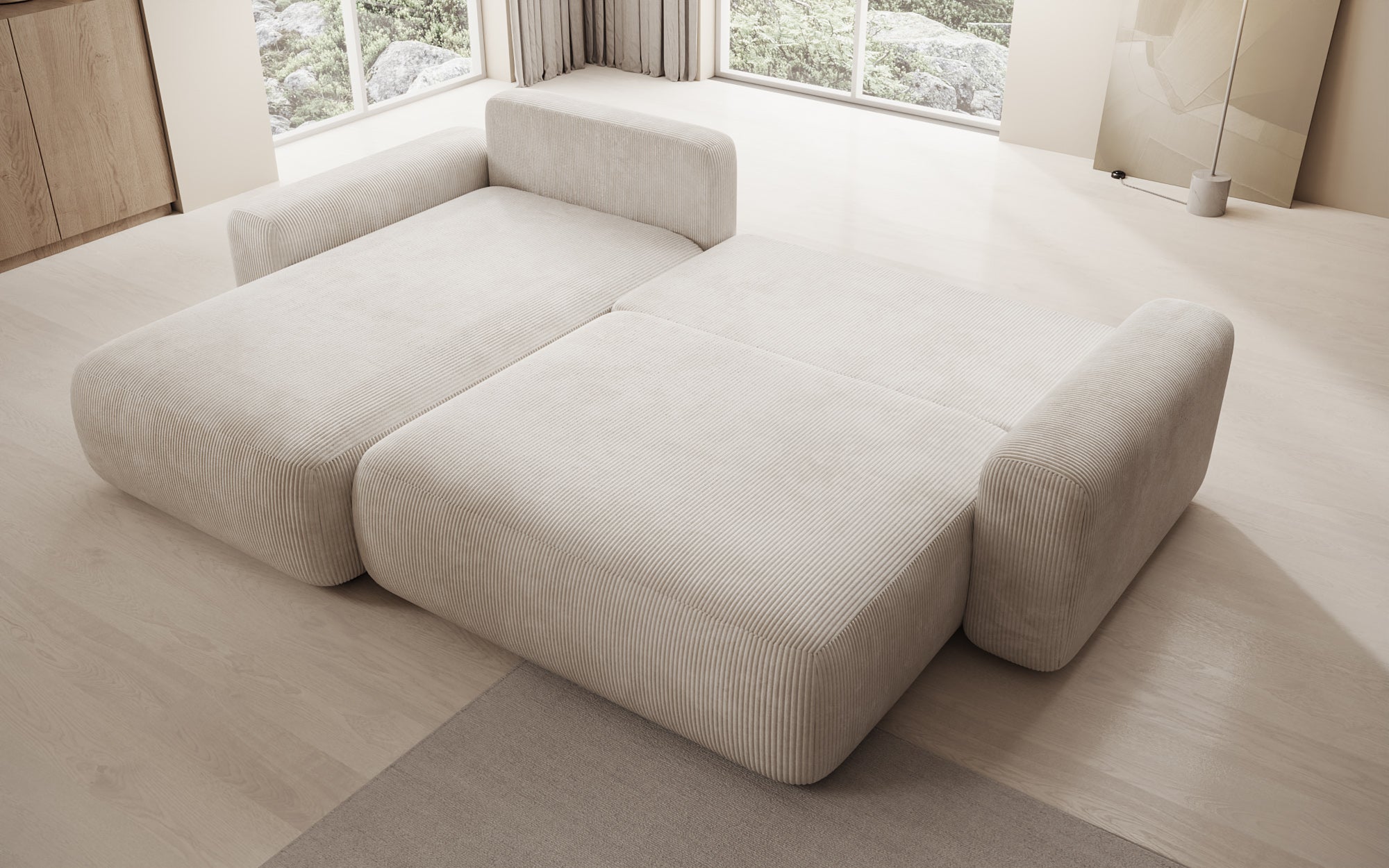 Designer Sofa Lola with sleeper and fold-out function in Corduroy