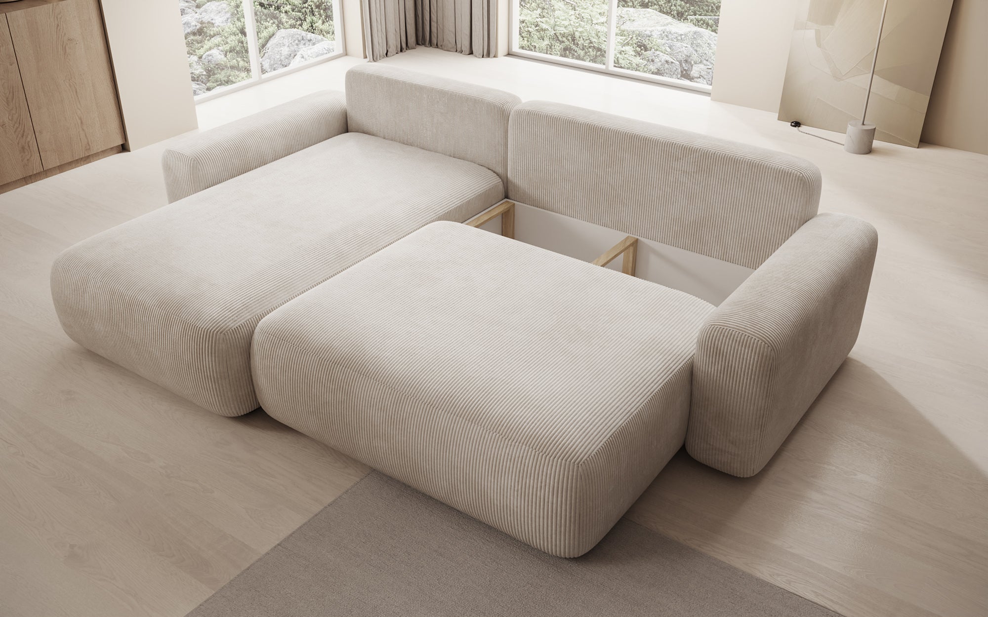 Designer Sofa Lola with sleeper and fold-out function in Corduroy