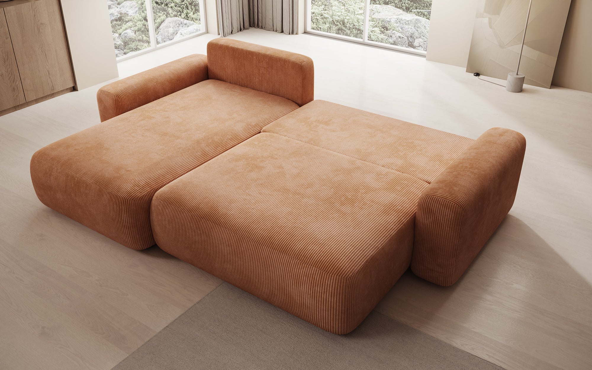 Designer Sofa Lola with sleeper and fold-out function in Corduroy
