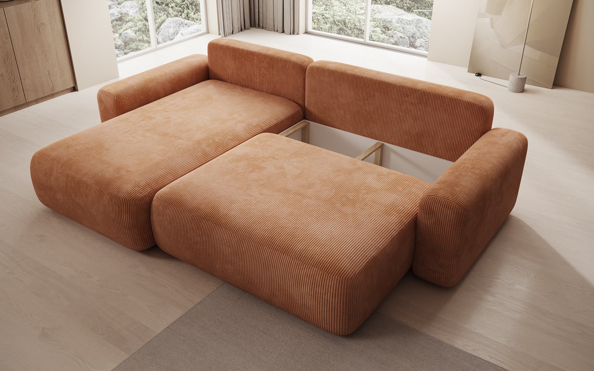 Designer Sofa Lola with sleeper and fold-out function in Corduroy