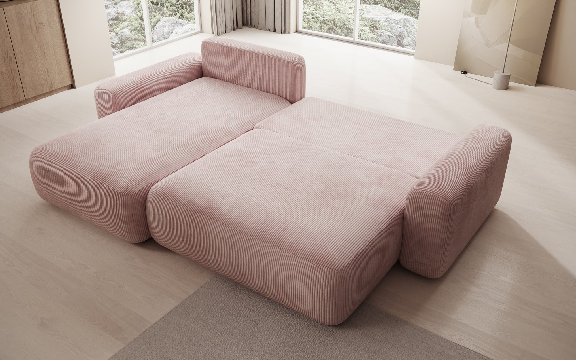 Designer Sofa Lola with sleeper and fold-out function in Corduroy
