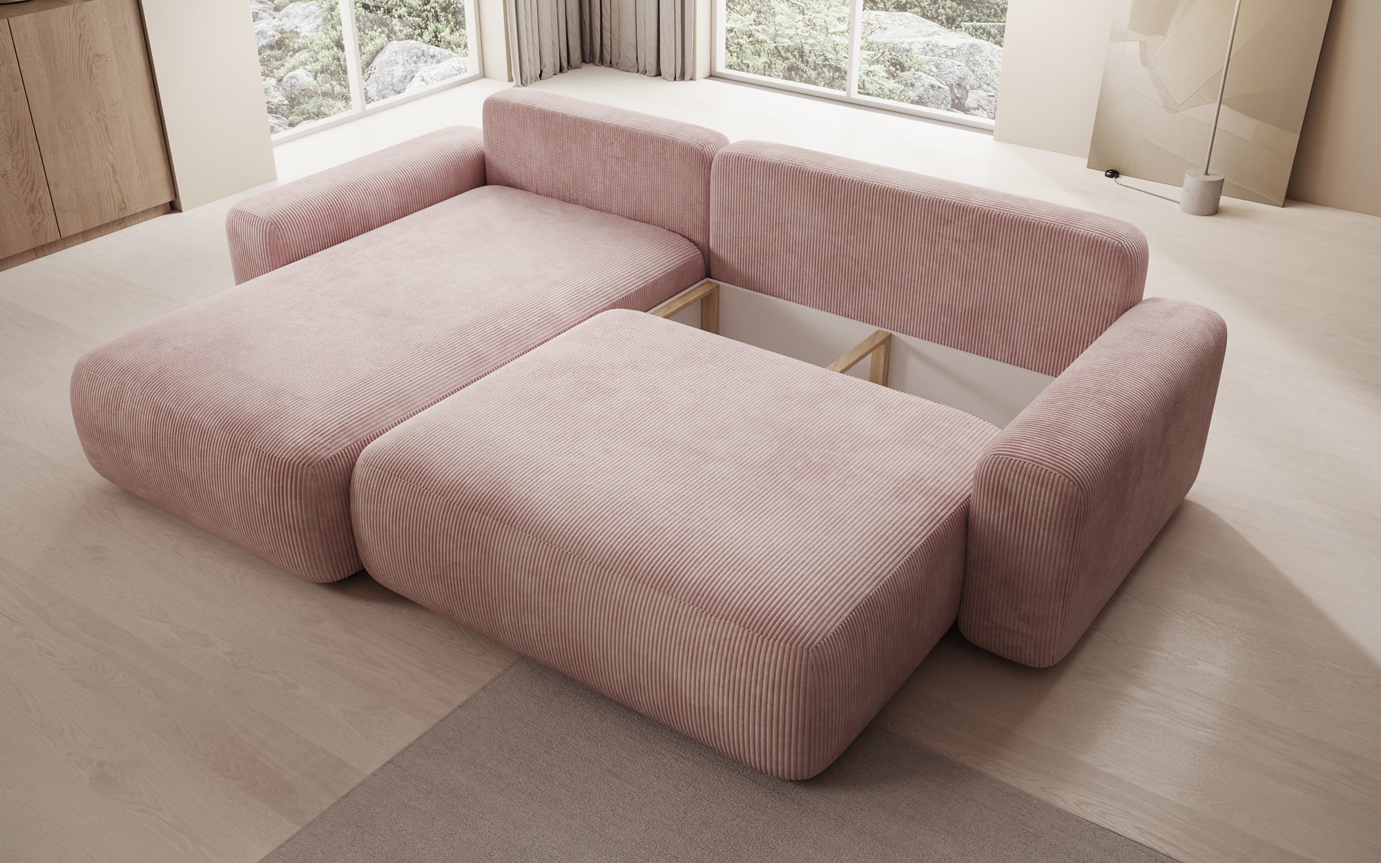 Designer Sofa Lola with sleeper and fold-out function in Corduroy