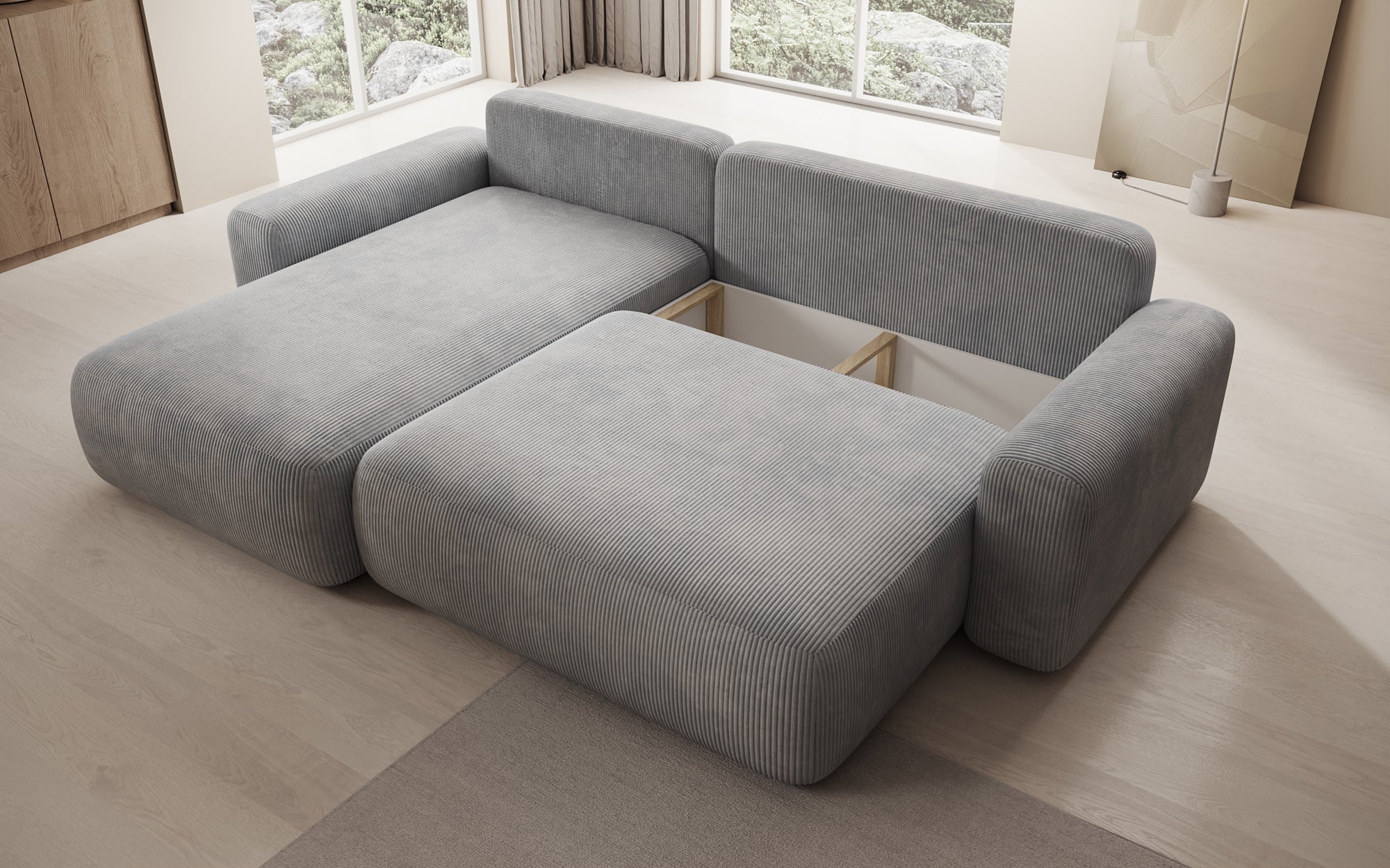 Designer Sofa Lola with sleeper and fold-out function in Corduroy