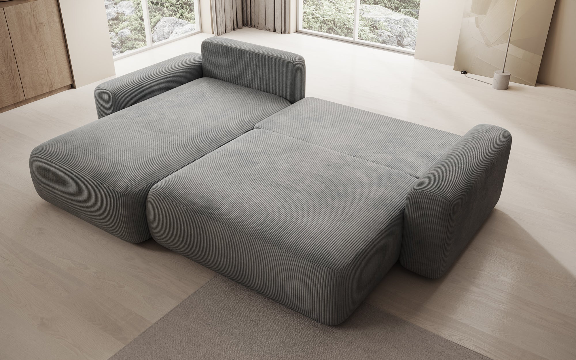 Designer Sofa Lola with sleeper and fold-out function in Corduroy