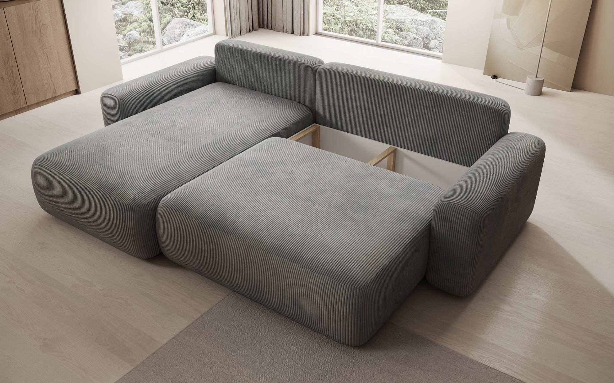 Designer Sofa Lola with sleeper and fold-out function in Corduroy