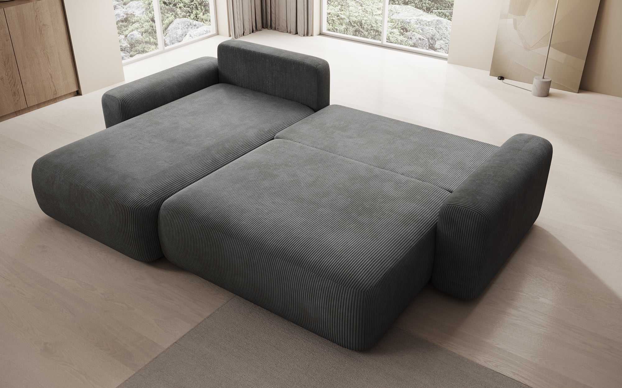 Designer Sofa Lola with sleeper and fold-out function in Corduroy