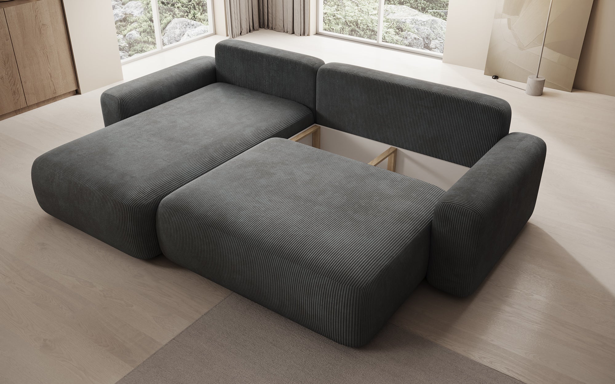 Designer Sofa Lola with sleeper and fold-out function in Corduroy