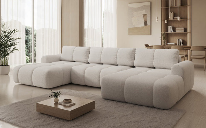 Designer-Sofa Analfi U mat Schlof- a Klappfunktioun a Bouclé
