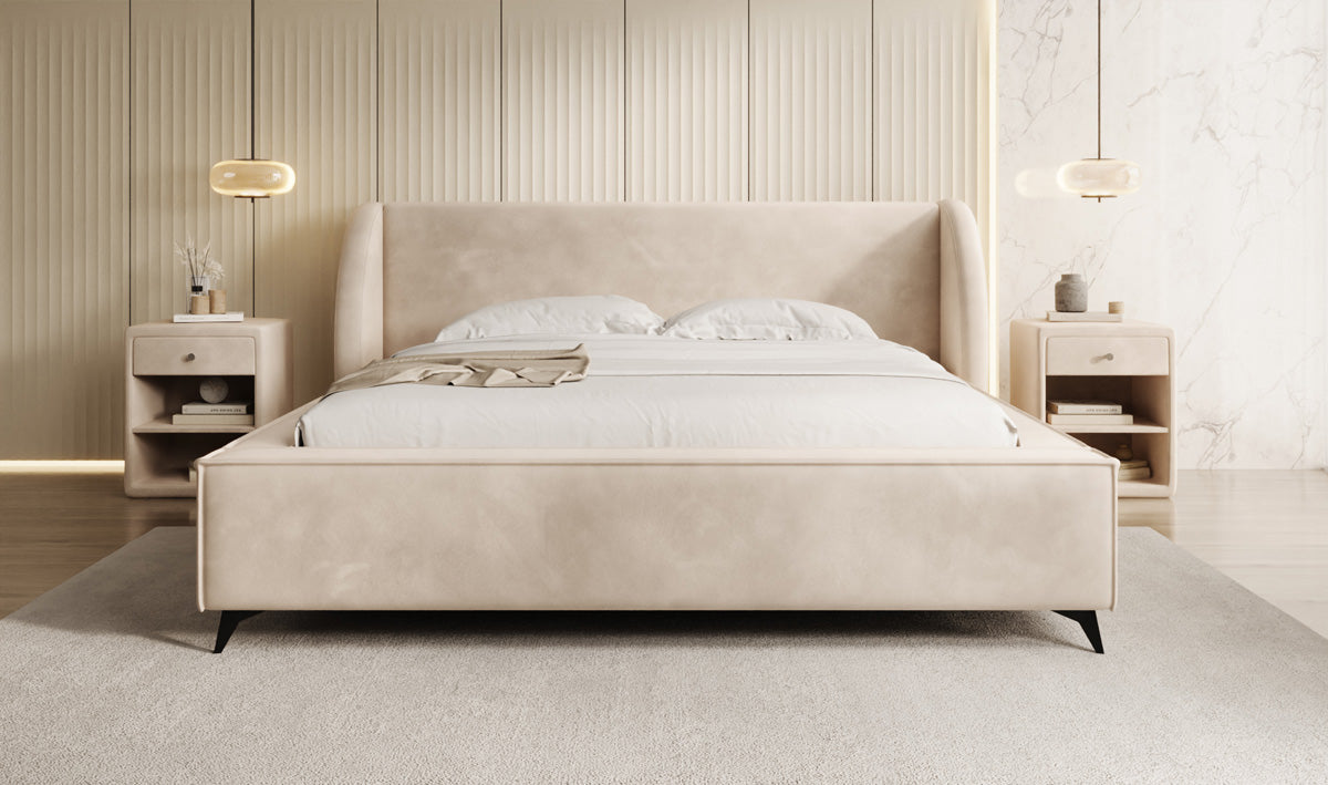 Designer-Polsterbett Freya aus Samett mat Stauraum