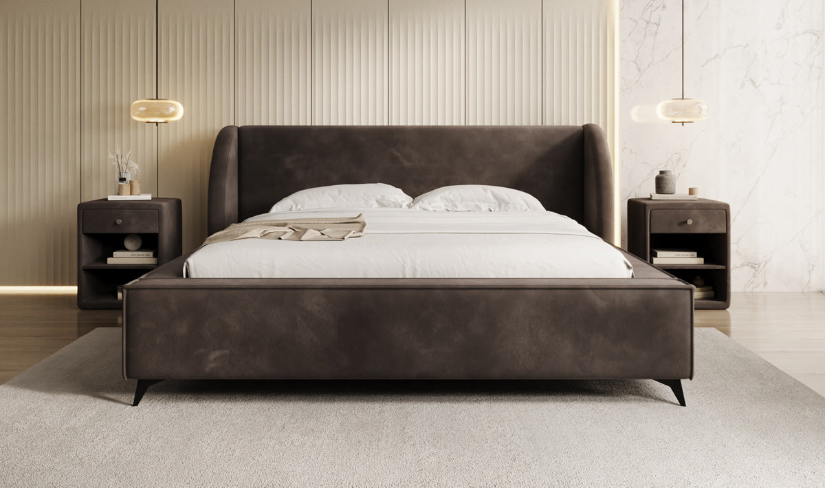 Designer-Polsterbett Freya aus Samett mat Stauraum