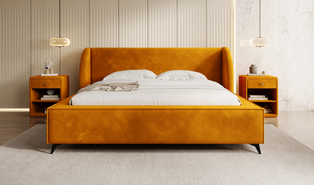 Designer-Polsterbett Freya aus Samett mat Stauraum