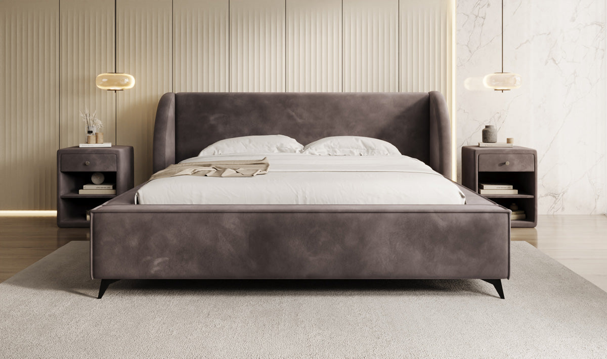 Designer-Polsterbett Freya aus Samett mat Stauraum