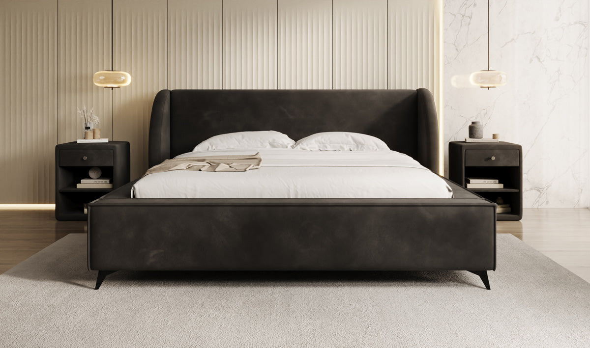 Designer-Polsterbett Freya aus Samett mat Stauraum