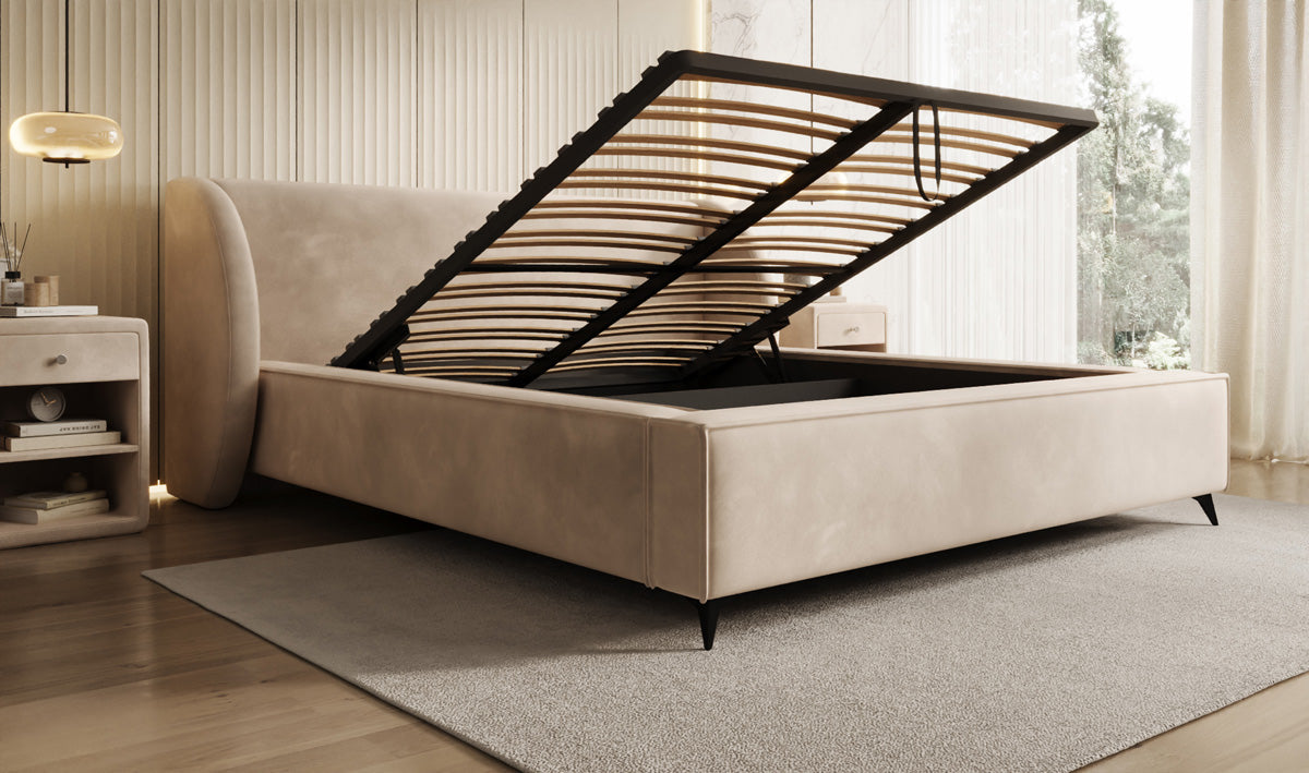 Designer-Polsterbett Freya aus Samett mat Stauraum