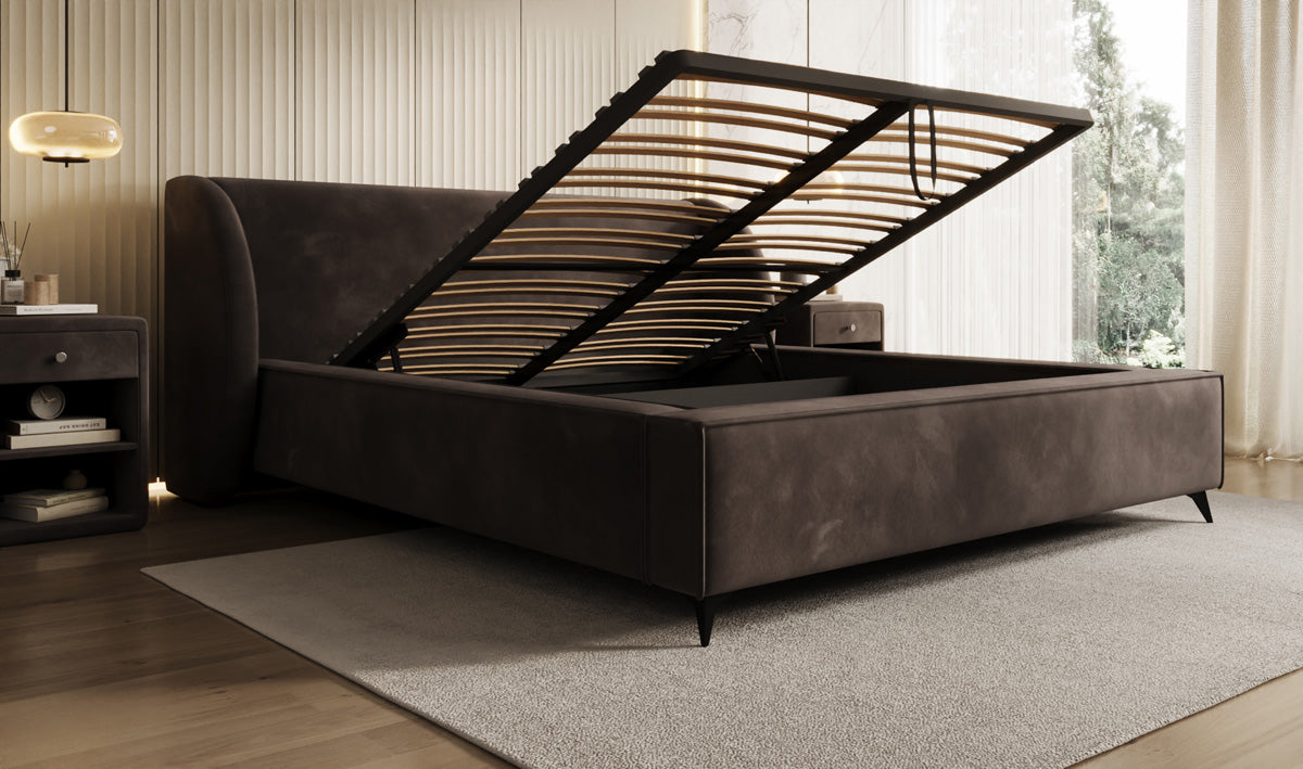 Designer-Polsterbett Freya aus Samett mat Stauraum