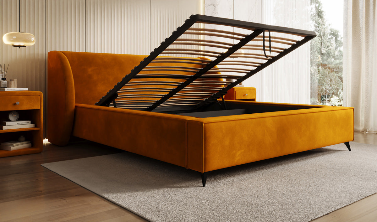 Designer-Polsterbett Freya aus Samett mat Stauraum