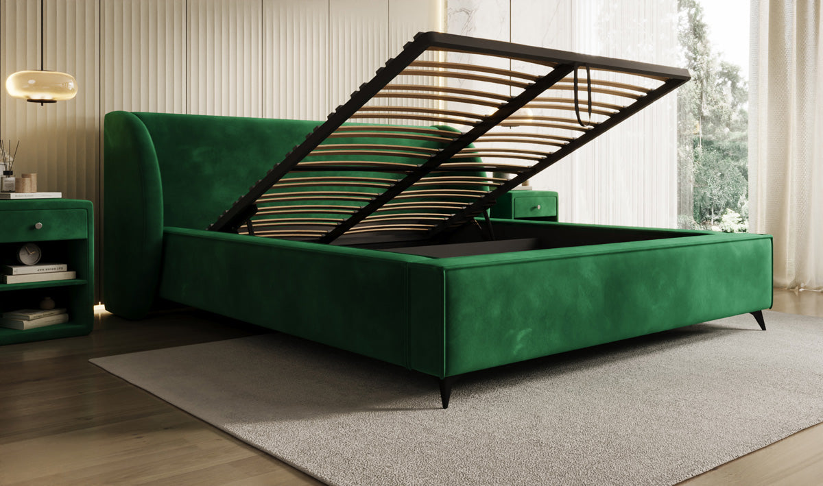 Designer-Polsterbett Freya aus Samett mat Stauraum