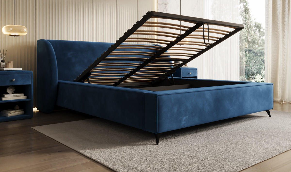 Designer-Polsterbett Freya aus Samett mat Stauraum