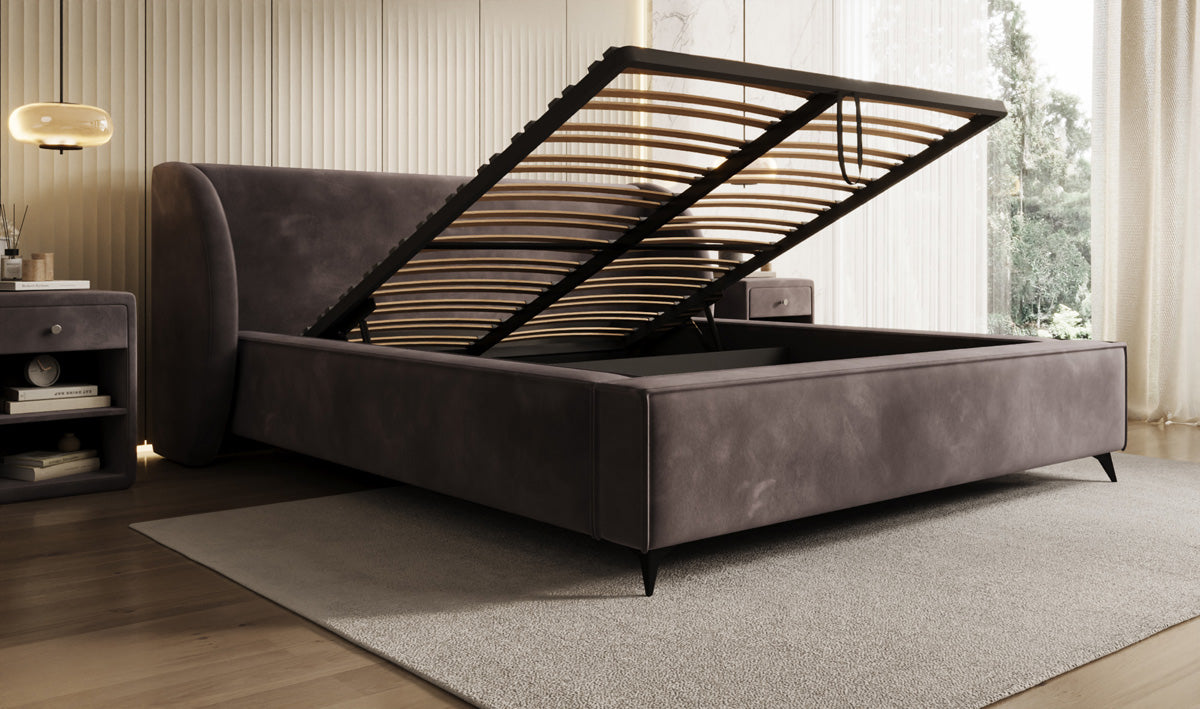 Designer-Polsterbett Freya aus Samett mat Stauraum