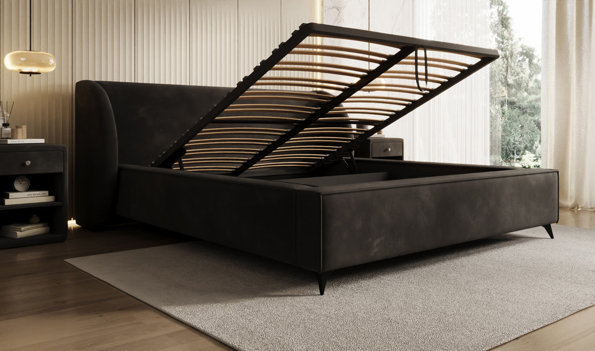 Designer-Polsterbett Freya aus Samett mat Stauraum
