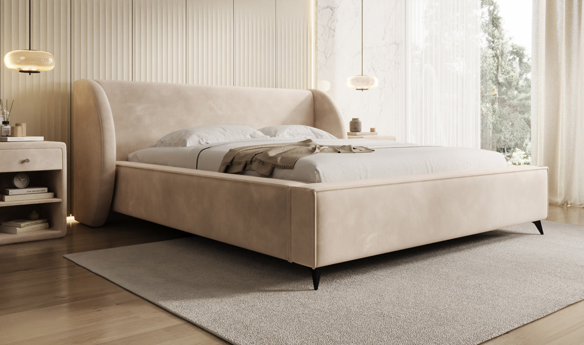 Designer-Polsterbett Freya aus Samett mat Stauraum