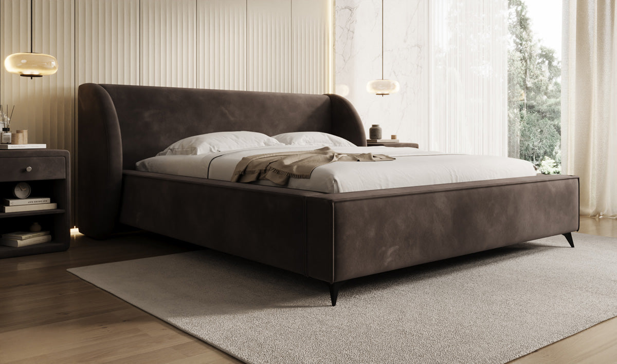 Designer-Polsterbett Freya aus Samett mat Stauraum