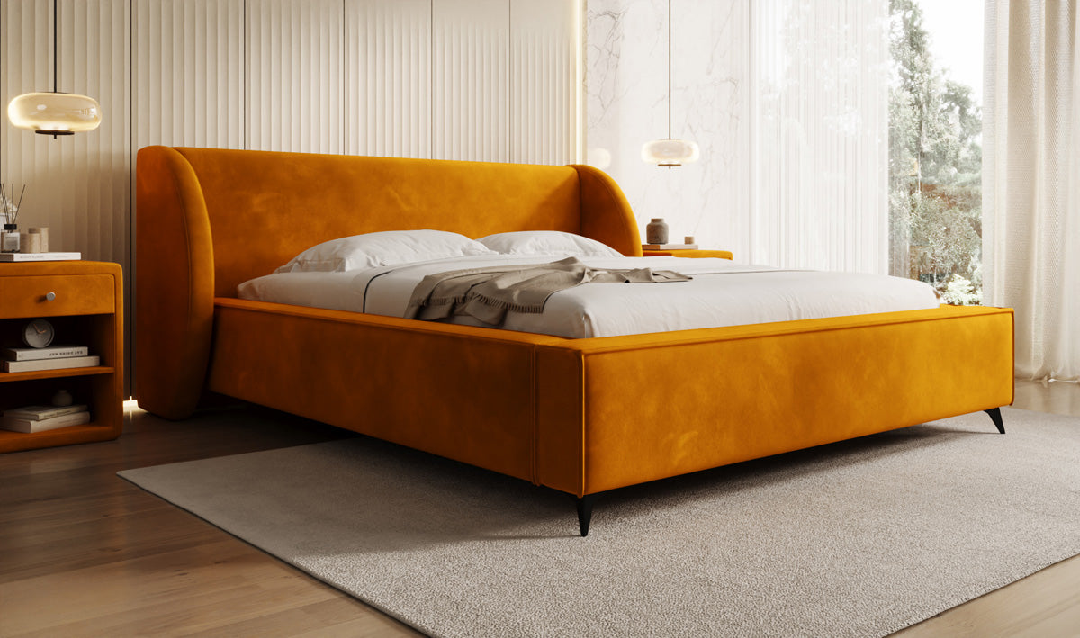 Designer-Polsterbett Freya aus Samett mat Stauraum