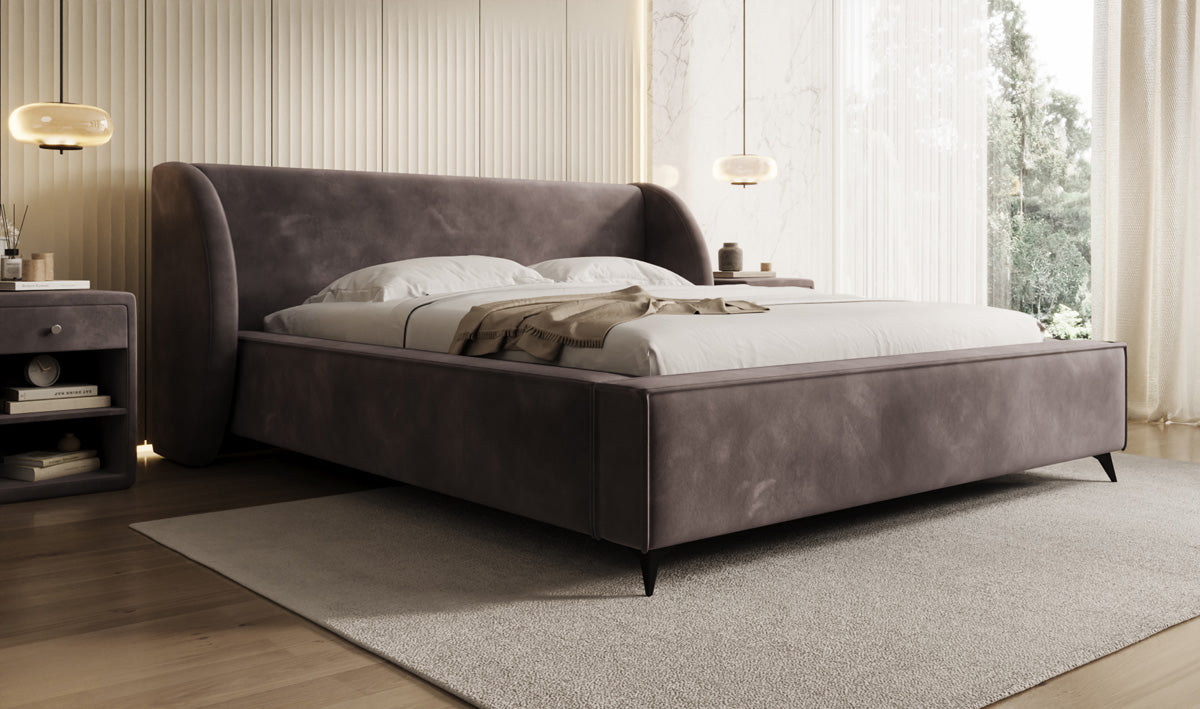 Designer-Polsterbett Freya aus Samett mat Stauraum