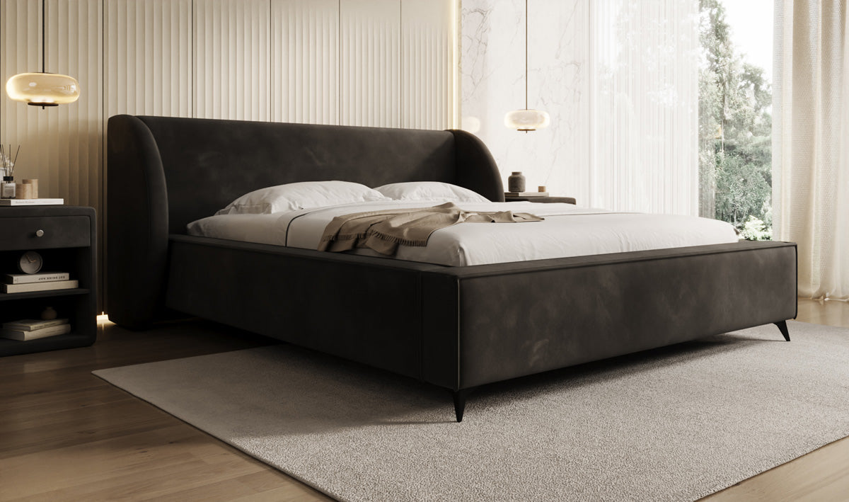 Designer-Polsterbett Freya aus Samett mat Stauraum