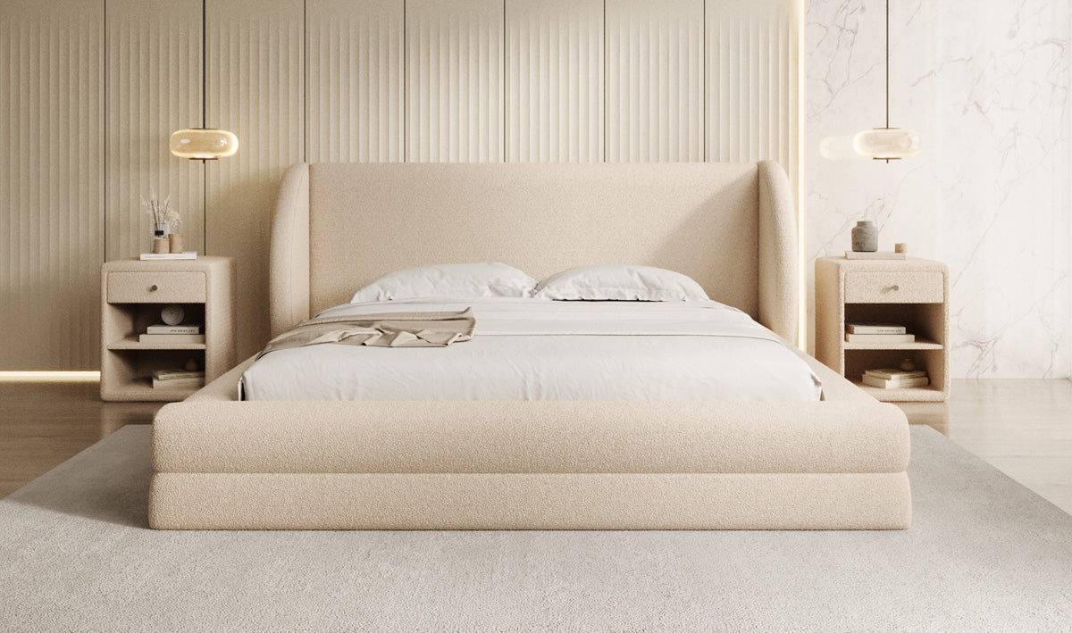 Lit rembourré design Liv en Peluche Bouclé avec rangement
