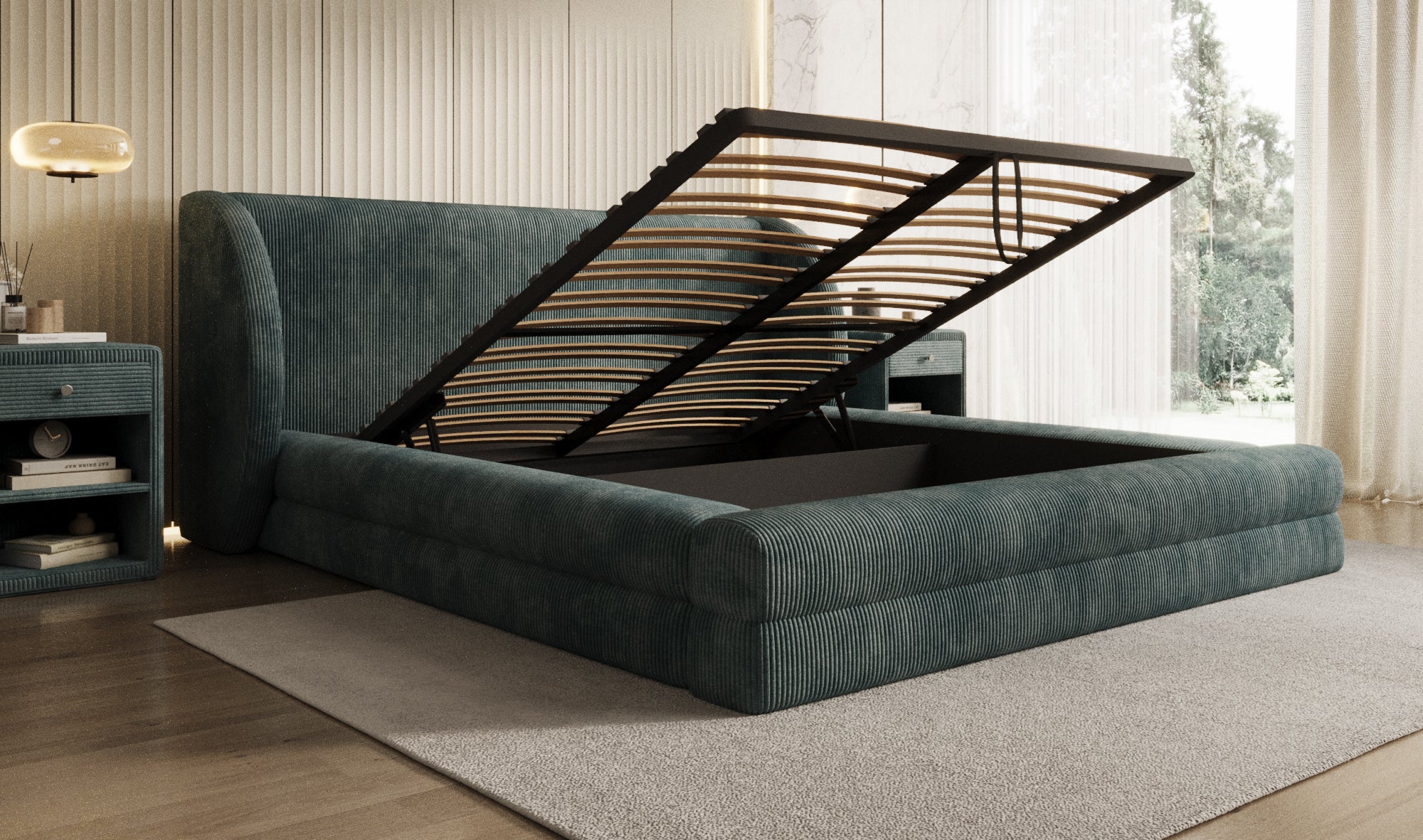 Lit rembourré design Liv en Côtelé avec espace de rangement