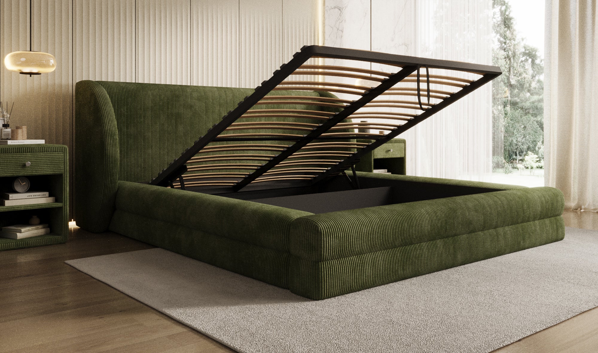 Lit rembourré design Liv en Côtelé avec espace de rangement